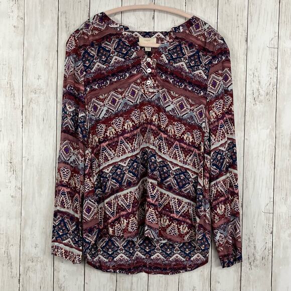 Cupio Long Roll Sleeve Flowy Multicolor V Neck 3 Button Blouse Shirt Medium - Picture 1 of 8